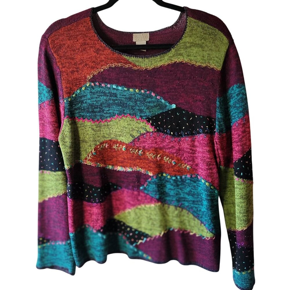Vintage Colorful Patchwork Knit Sweater Womens Large